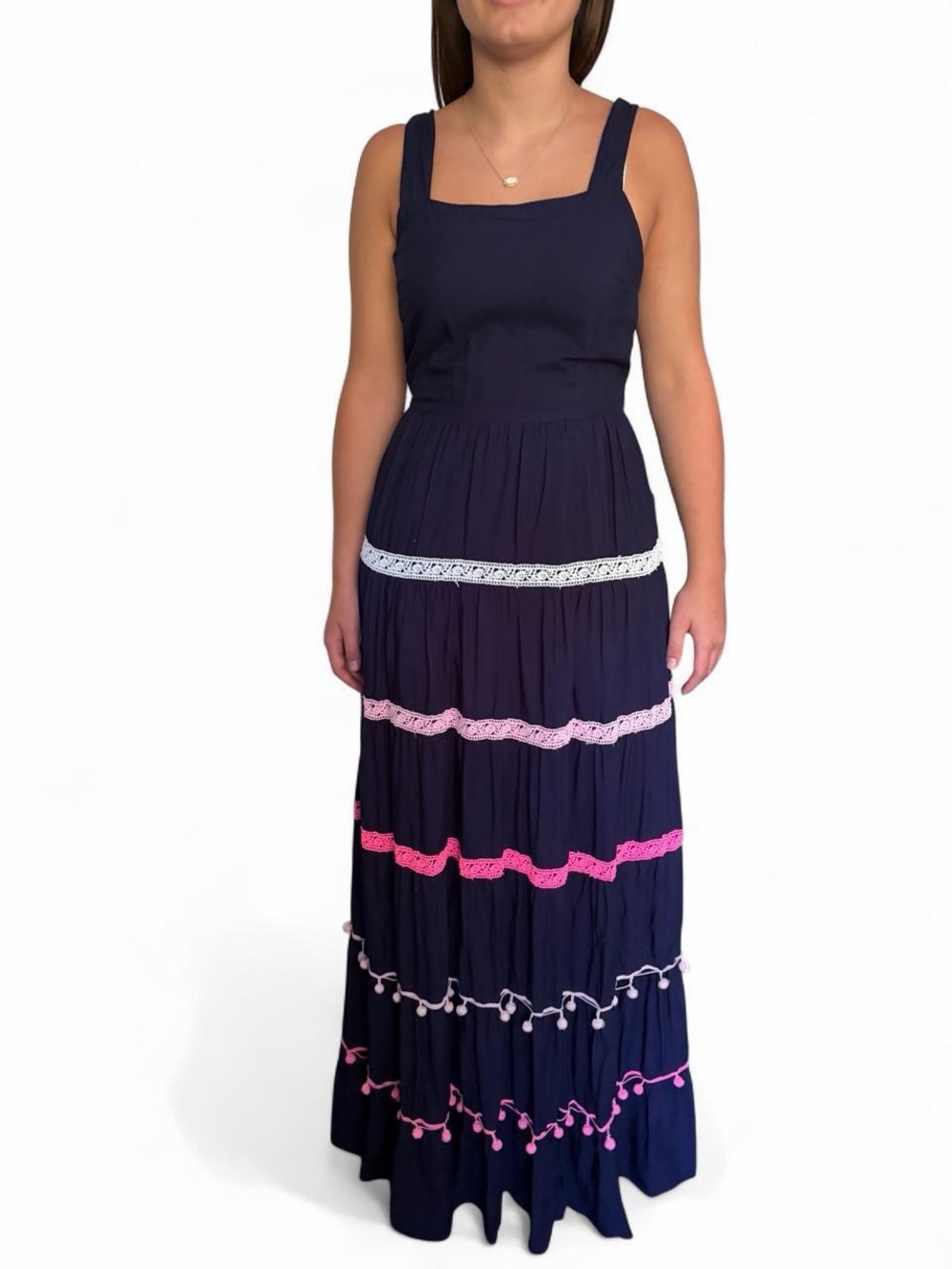 crown & ivy Navy Maxi Sundress Pink and White Lace Accents Sz S Boho Cottagecore